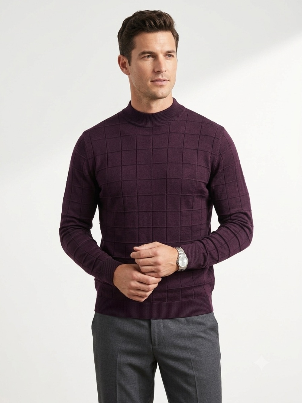 Bachrach Men’s Mock Neck Sweater Size Large 100% Silk Burgundy Grid Pattern Knit